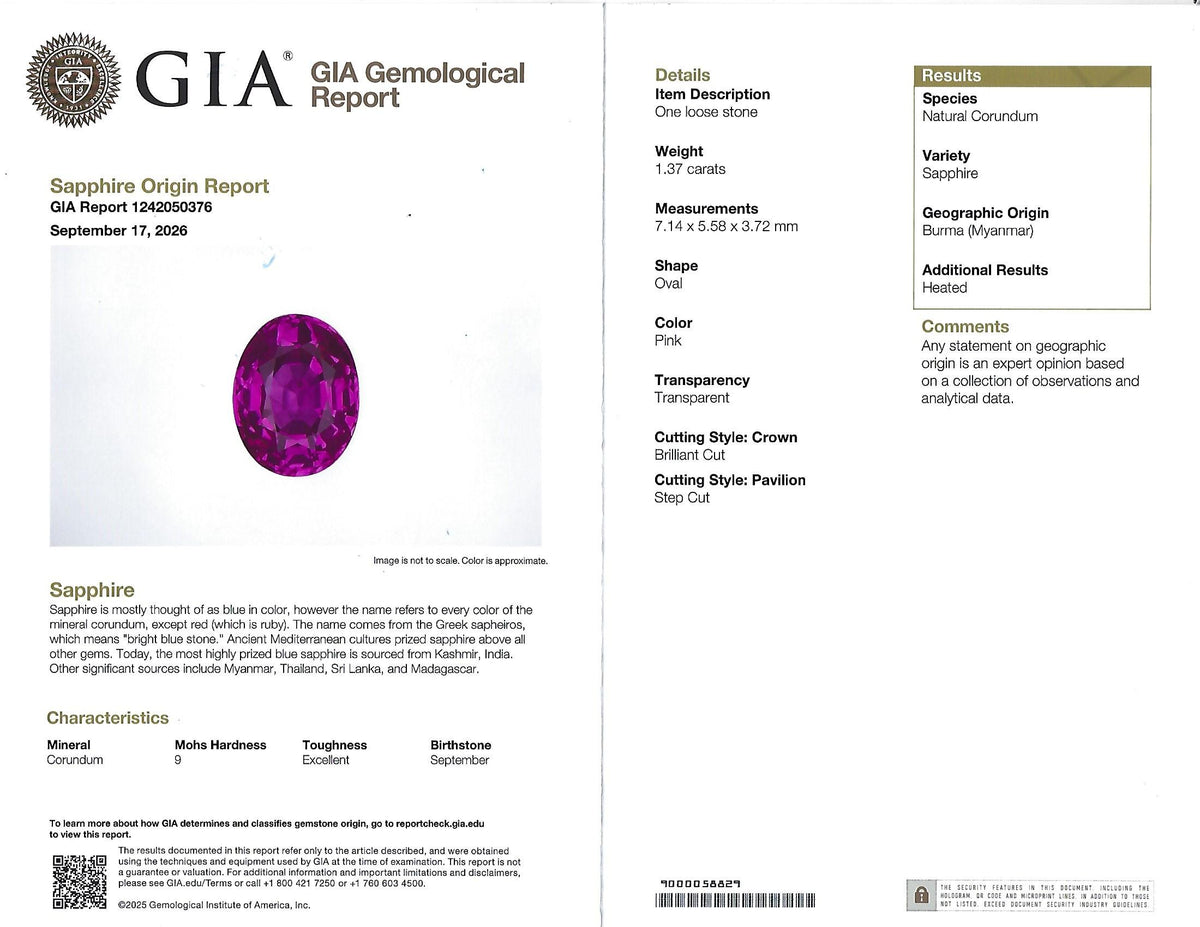 1.37ct GIA Burma Natural Pink Sapphire & 0.47ct Diamond Platinum Ring, Size 5.25