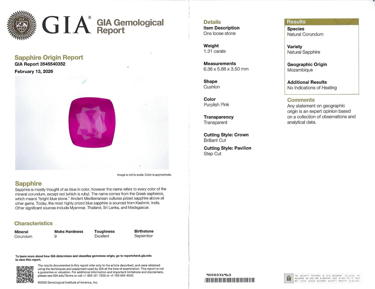 Rare 1.31ct GIA No Heat Pink Sapphire & 0.47ct Diamond Platinum Ring, Size 6.25