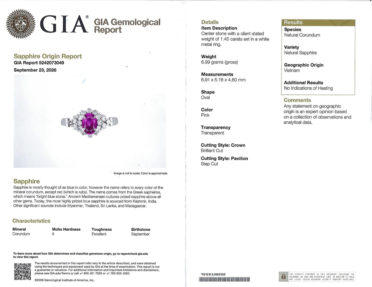 1.45ct GIA Natural NO HEAT Pink Sapphire 0.40ct Diamond Platinum Ring Size 6.25