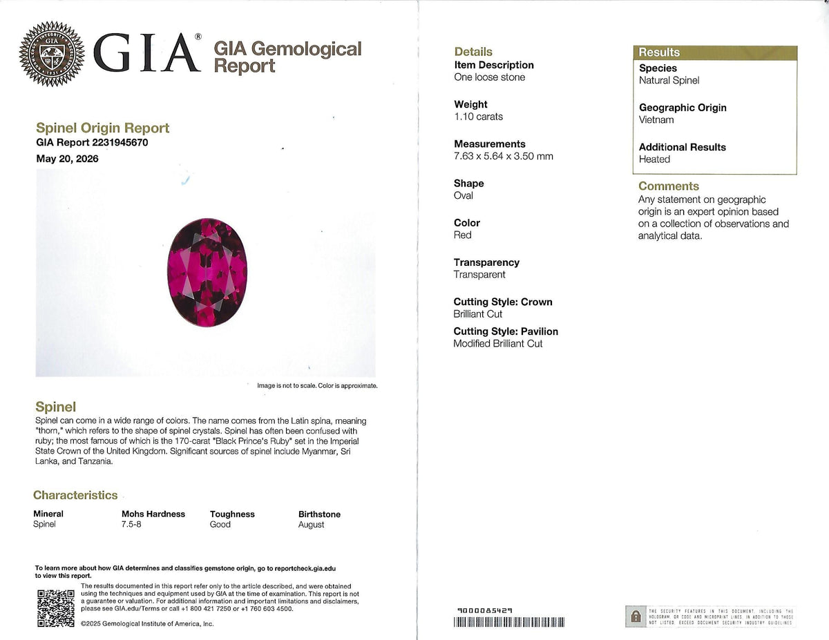 Fine 1.10ct GIA Certified Vietnamese Red Spinel Loose Gemstone