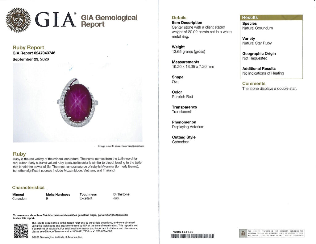 RARE! 20.02ct GIA Natural Double Star Ruby 0.45ct Diamond 18K Gold Ring, Sz 6.25