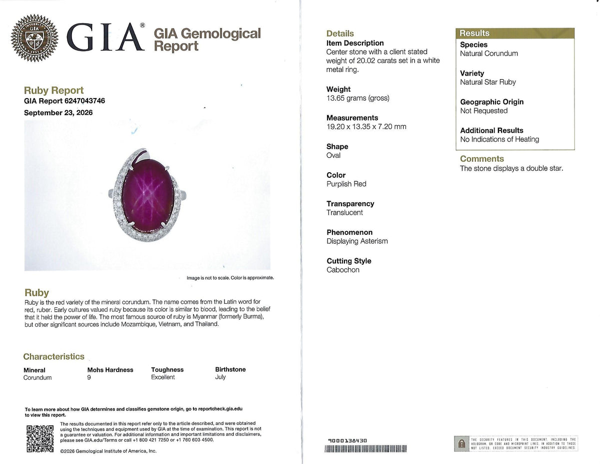 RARE! 20.02ct GIA Natural Double Star Ruby 0.45ct Diamond 18K Gold Ring, Sz 6.25