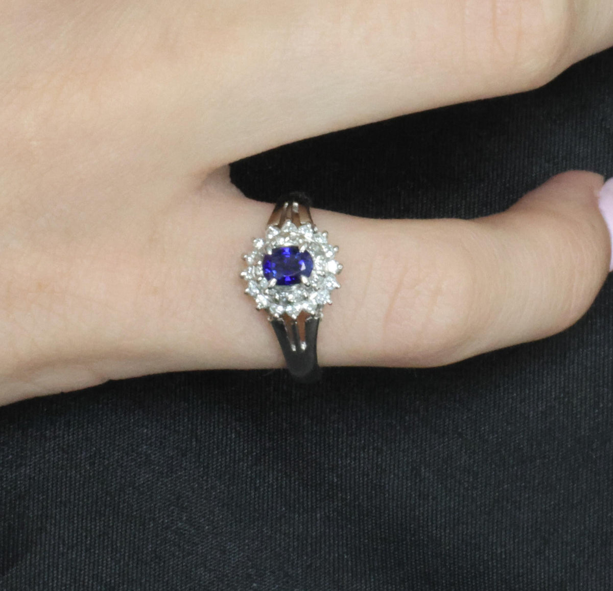 Fine 0.42ct Royal Blue Sapphire & 0.28ct Diamond Halo Platinum Ring, Size 5.5