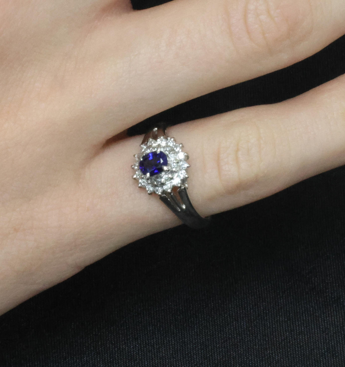 Fine 0.42ct Royal Blue Sapphire & 0.28ct Diamond Halo Platinum Ring, Size 5.5