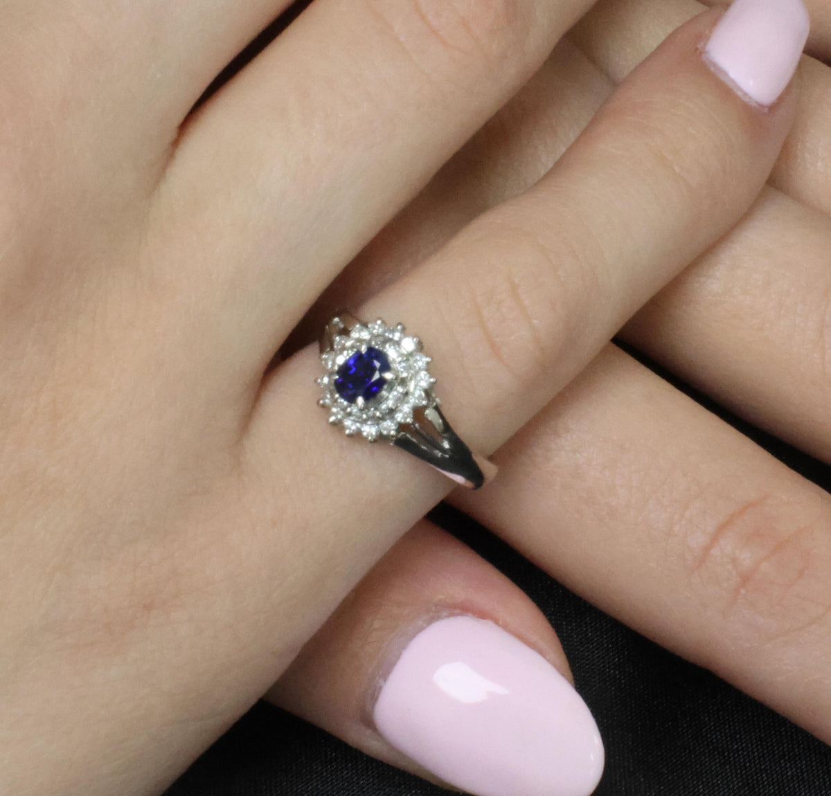 Fine 0.42ct Royal Blue Sapphire & 0.28ct Diamond Halo Platinum Ring, Size 5.5