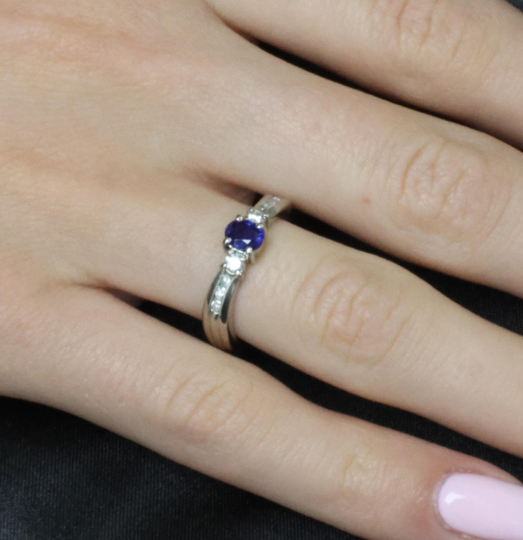 0.50ct Natural Royal Blue Sapphire & 0.21ct Diamond Platinum Wave Ring, Size 7