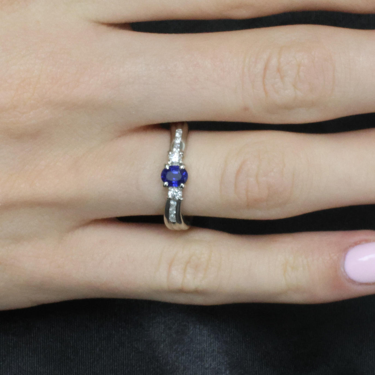 0.50ct Natural Royal Blue Sapphire & 0.21ct Diamond Platinum Wave Ring, Size 7