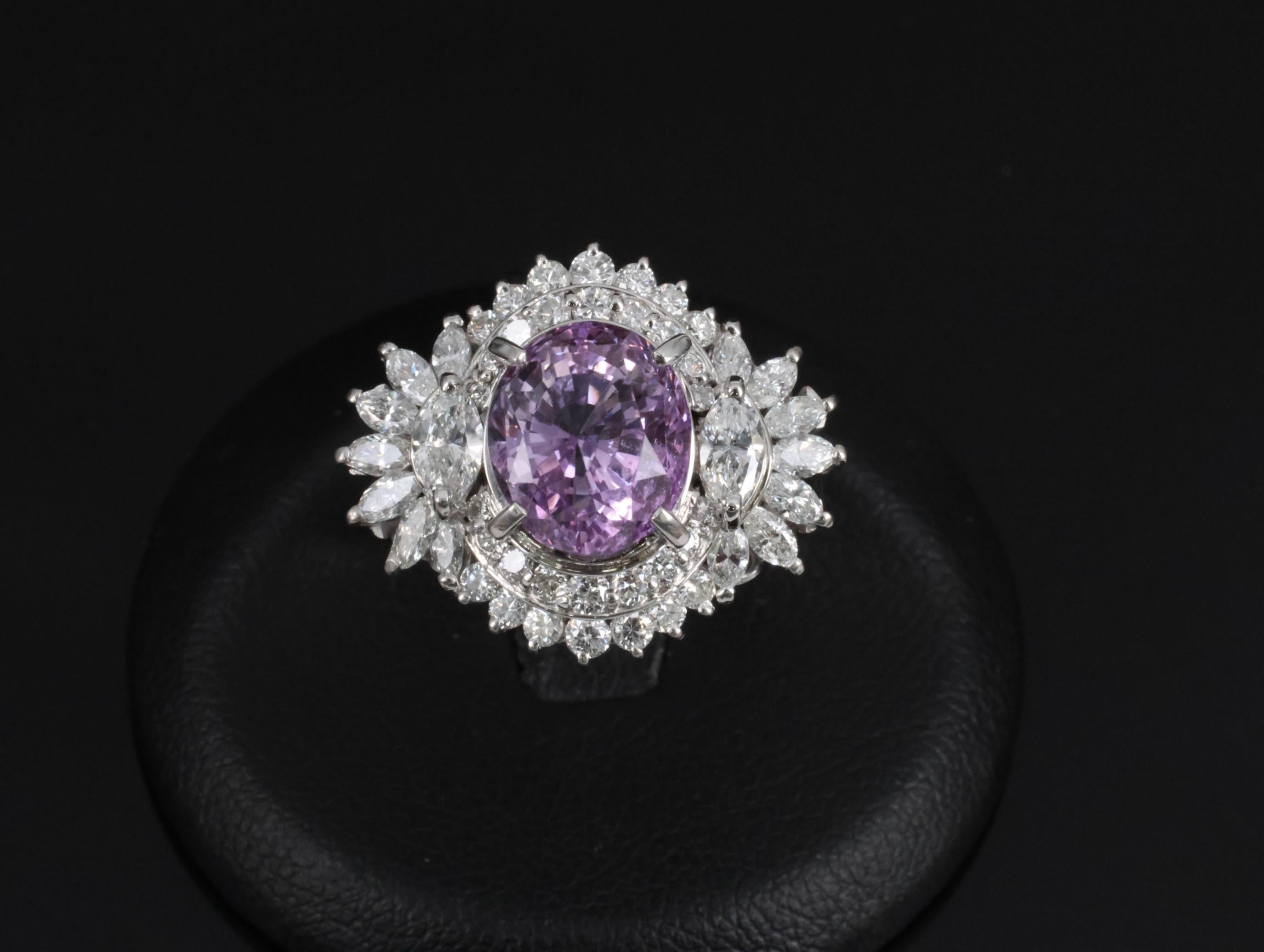 5.26ct Purple Sapphire GIA Heated Ceylon 1.43ct Diamond Platinum Ring, Size 7