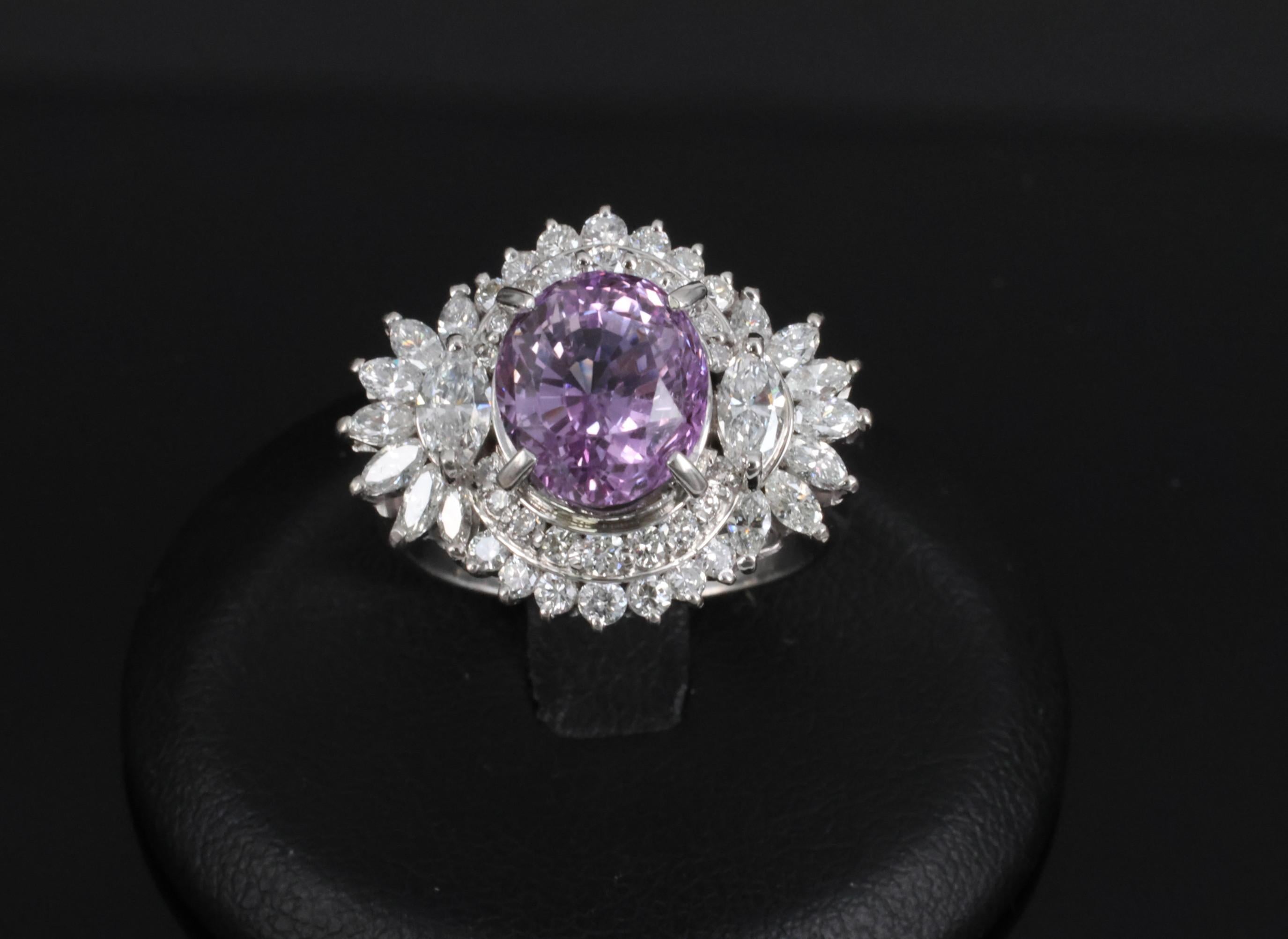 5.26ct Purple Sapphire GIA Heated Ceylon 1.43ct Diamond Platinum Ring, Size 7
