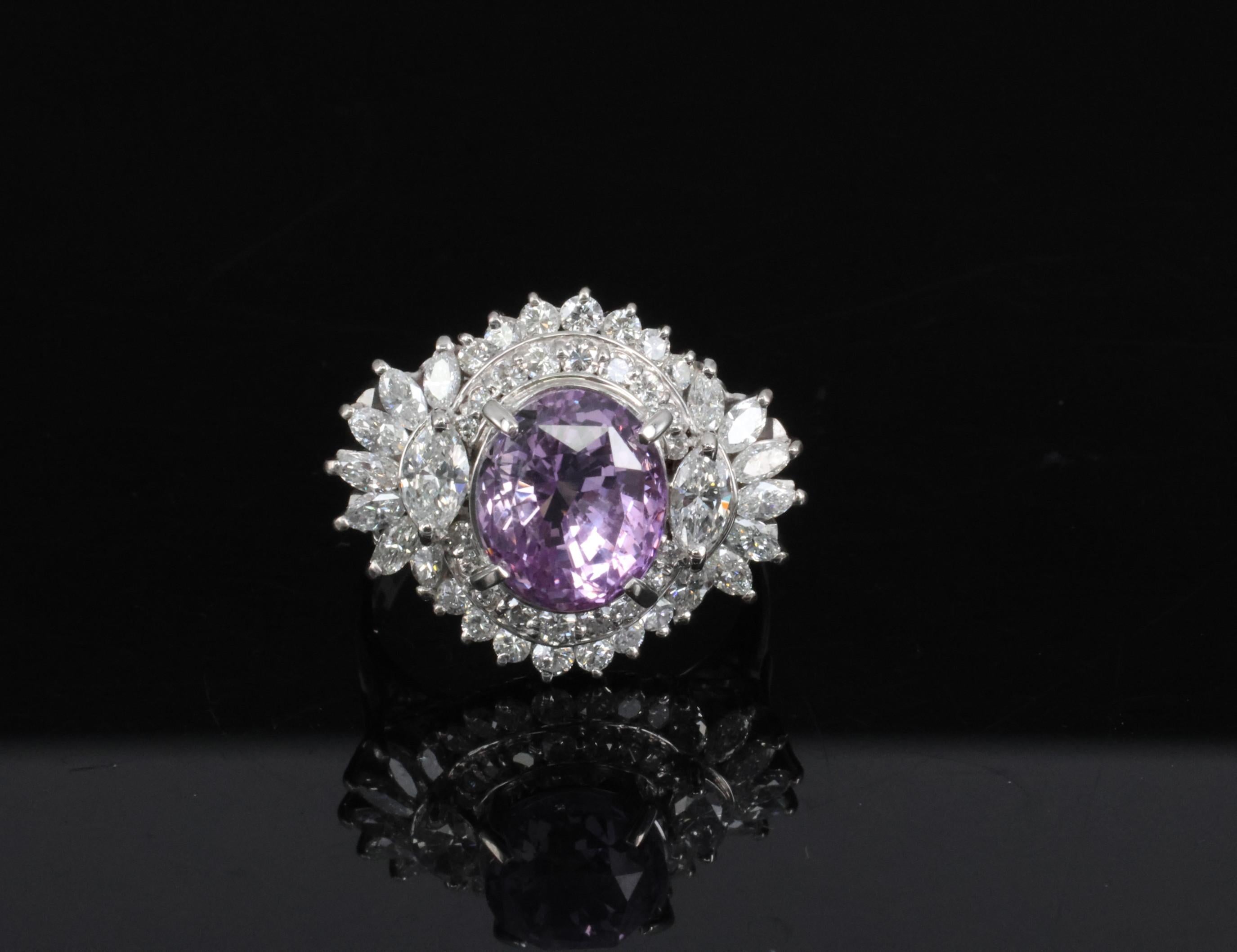 5.26ct Purple Sapphire GIA Heated Ceylon 1.43ct Diamond Platinum Ring, Size 7