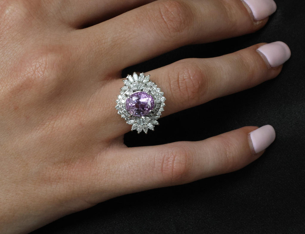 5.26ct Purple Sapphire GIA Heated Ceylon 1.43ct Diamond Platinum Ring, Size 7