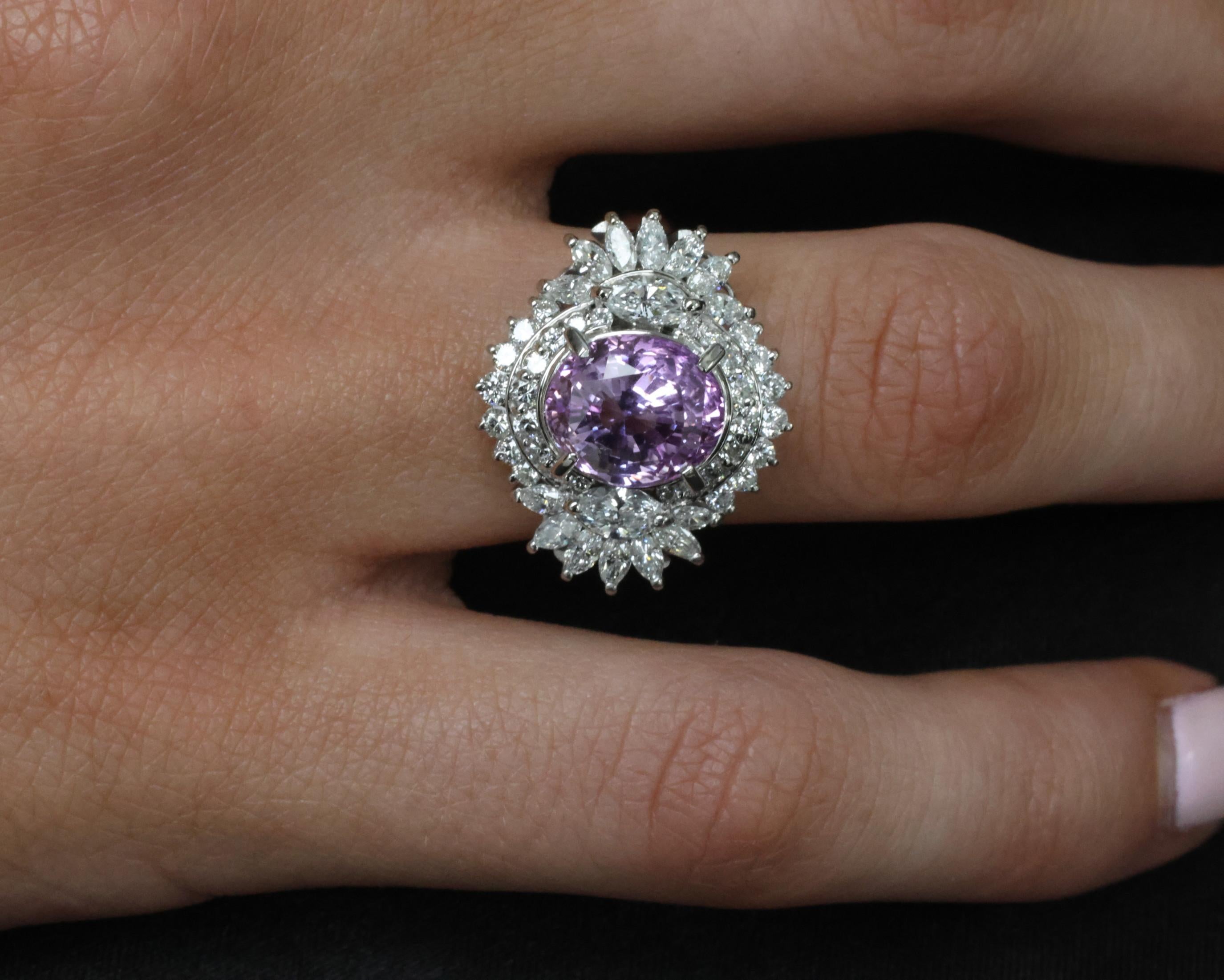 5.26ct Purple Sapphire GIA Heated Ceylon 1.43ct Diamond Platinum Ring, Size 7