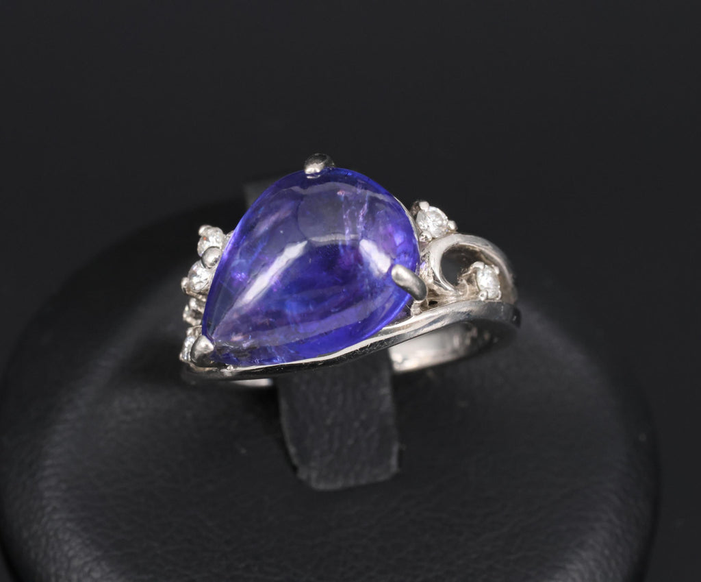 Estate 6.85ct Cabochon Cut Tanzanite & 0.24ct Diamond Platinum Ring Size 5.75