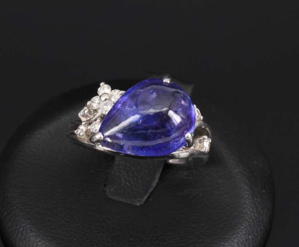 Estate 6.85ct Cabochon Cut Tanzanite & 0.24ct Diamond Platinum Ring Size 5.75