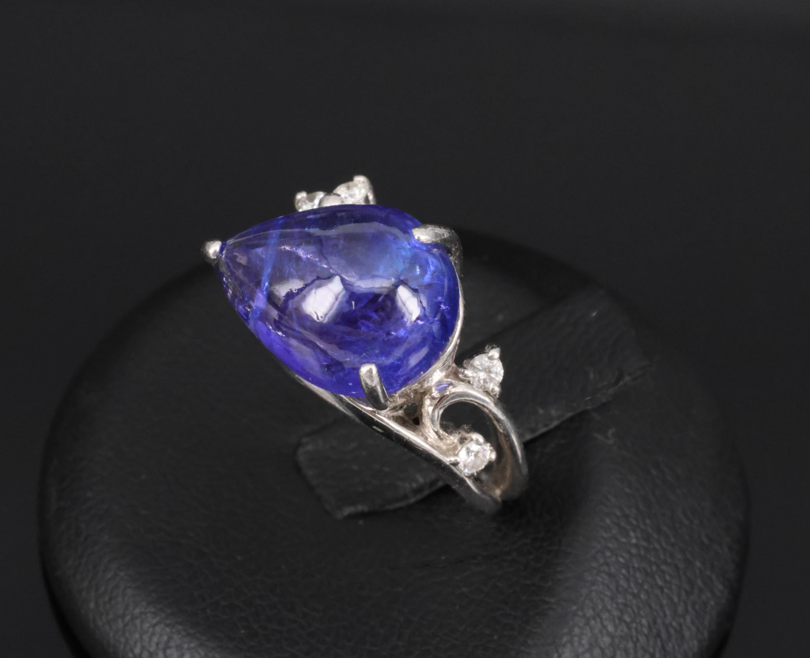 Estate 6.85ct Cabochon Cut Tanzanite & 0.24ct Diamond Platinum Ring Size 5.75