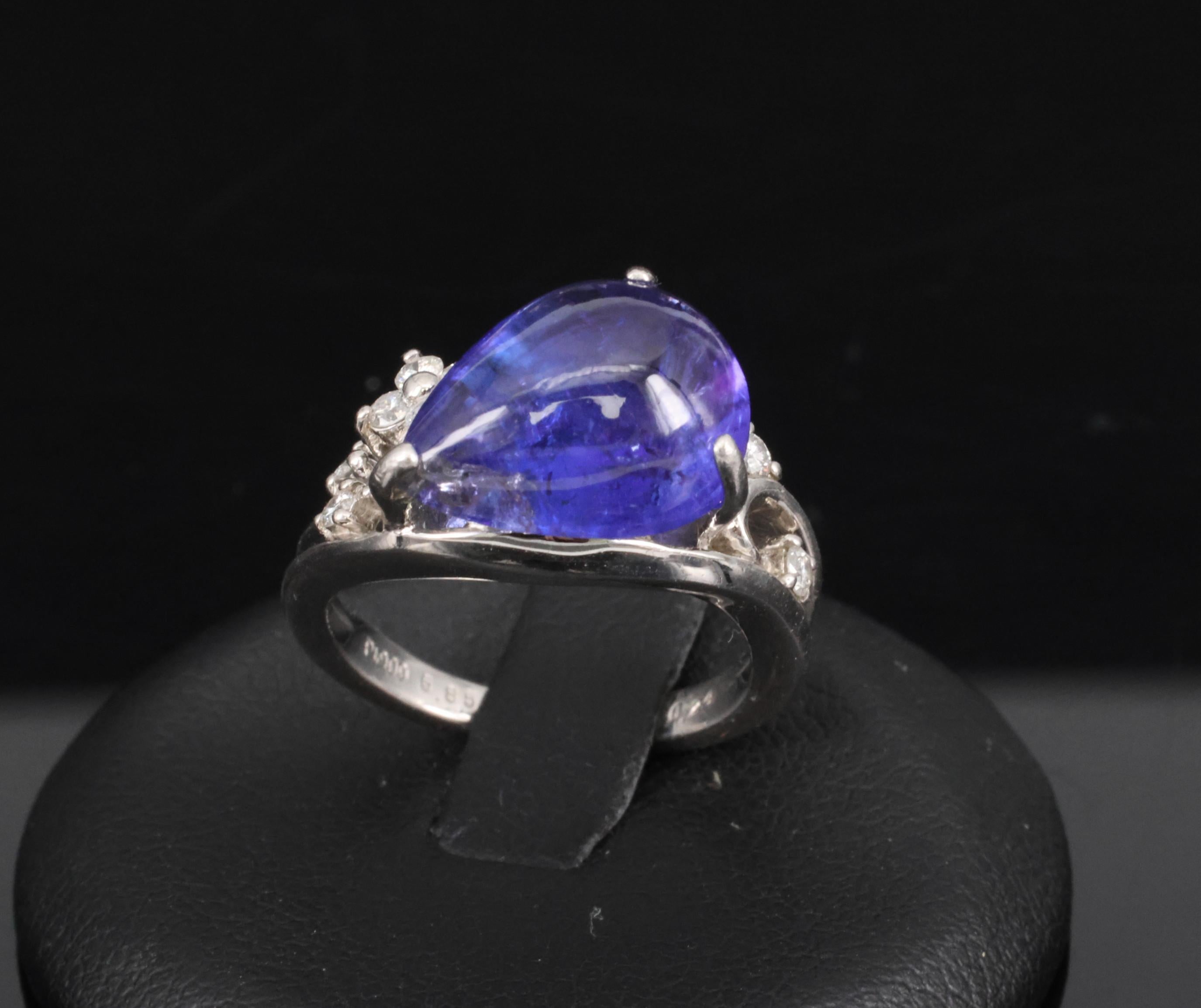 Estate 6.85ct Cabochon Cut Tanzanite & 0.24ct Diamond Platinum Ring Size 5.75