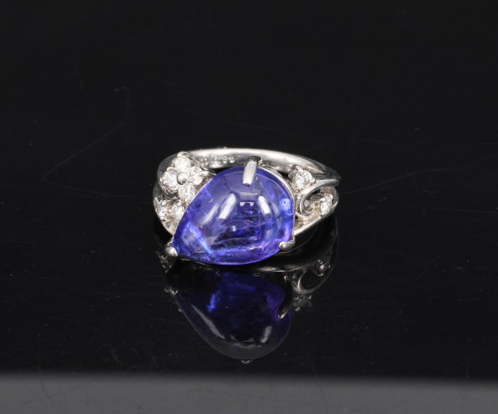 Estate 6.85ct Cabochon Cut Tanzanite & 0.24ct Diamond Platinum Ring Size 5.75