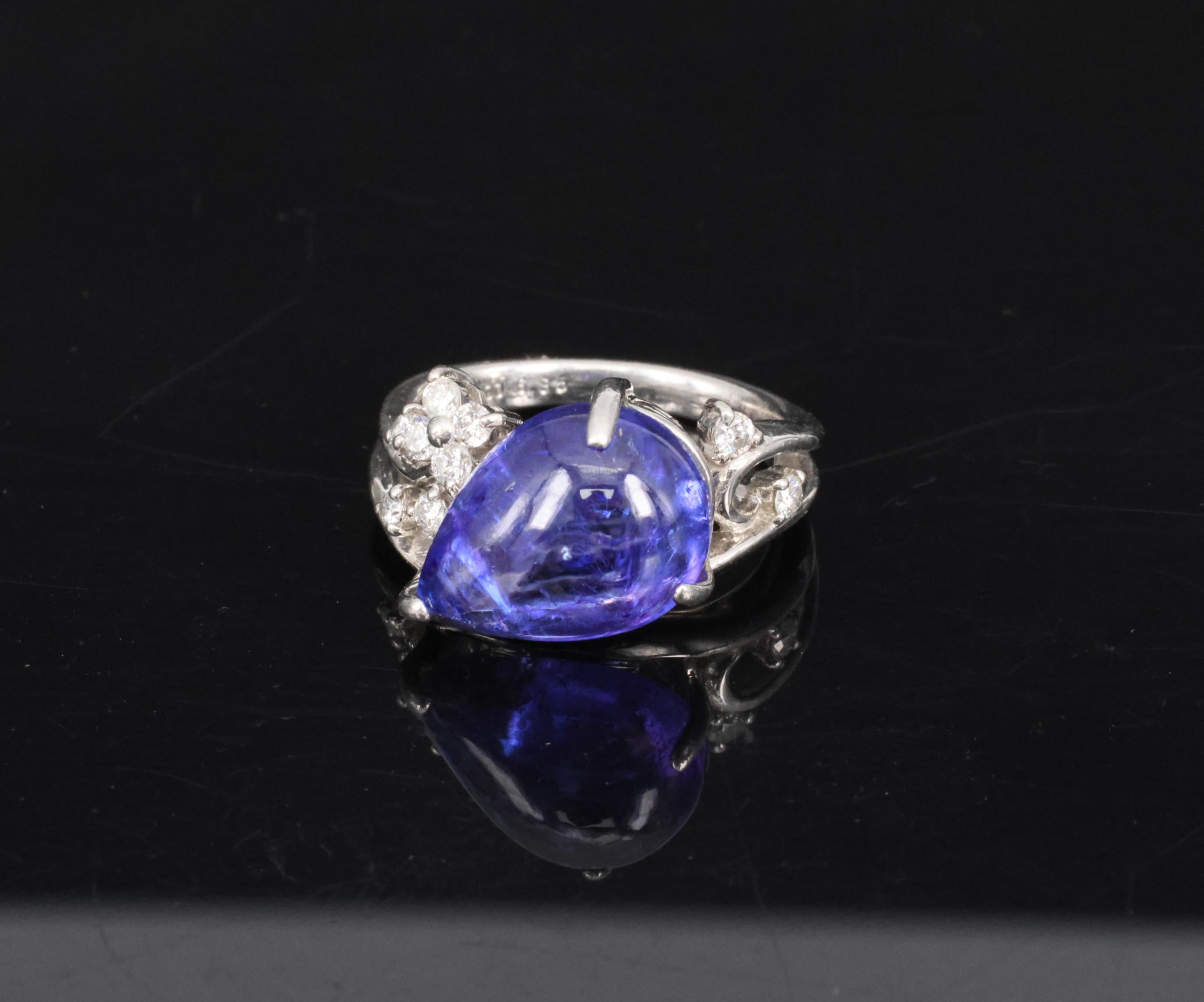 Estate 6.85ct Cabochon Cut Tanzanite & 0.24ct Diamond Platinum Ring Size 5.75