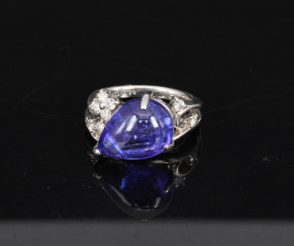 Estate 6.85ct Cabochon Cut Tanzanite & 0.24ct Diamond Platinum Ring Size 5.75