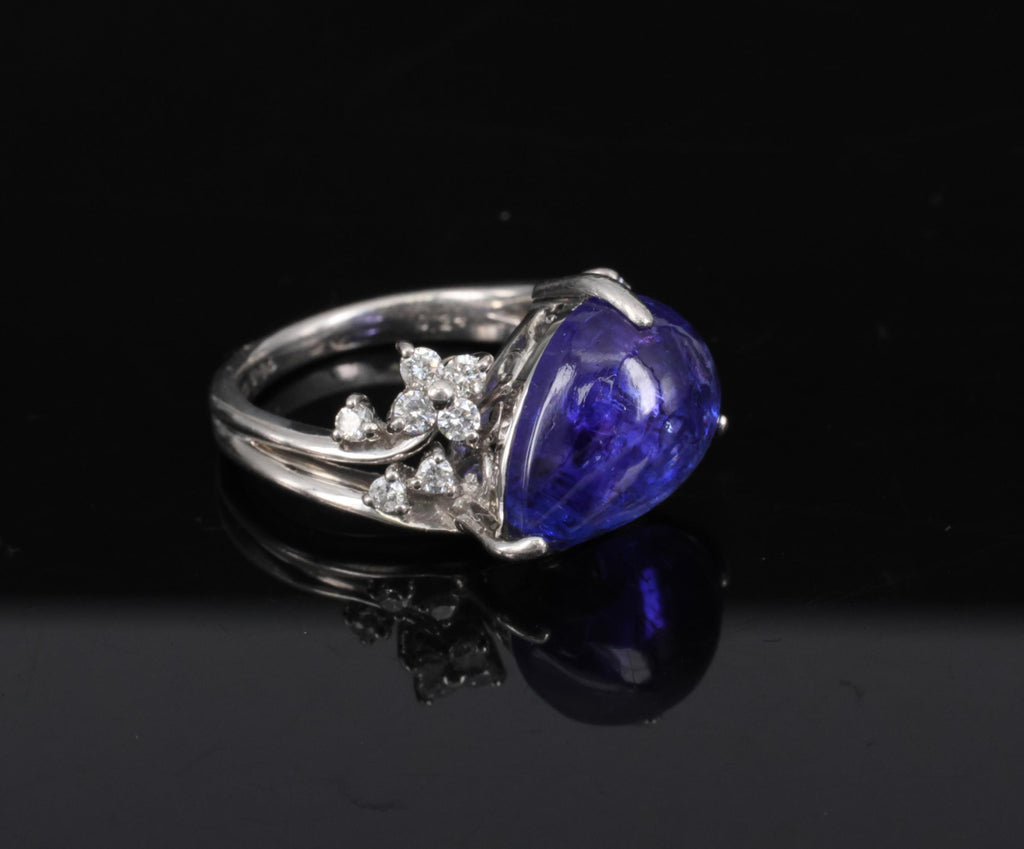 Estate 6.85ct Cabochon Cut Tanzanite & 0.24ct Diamond Platinum Ring Size 5.75