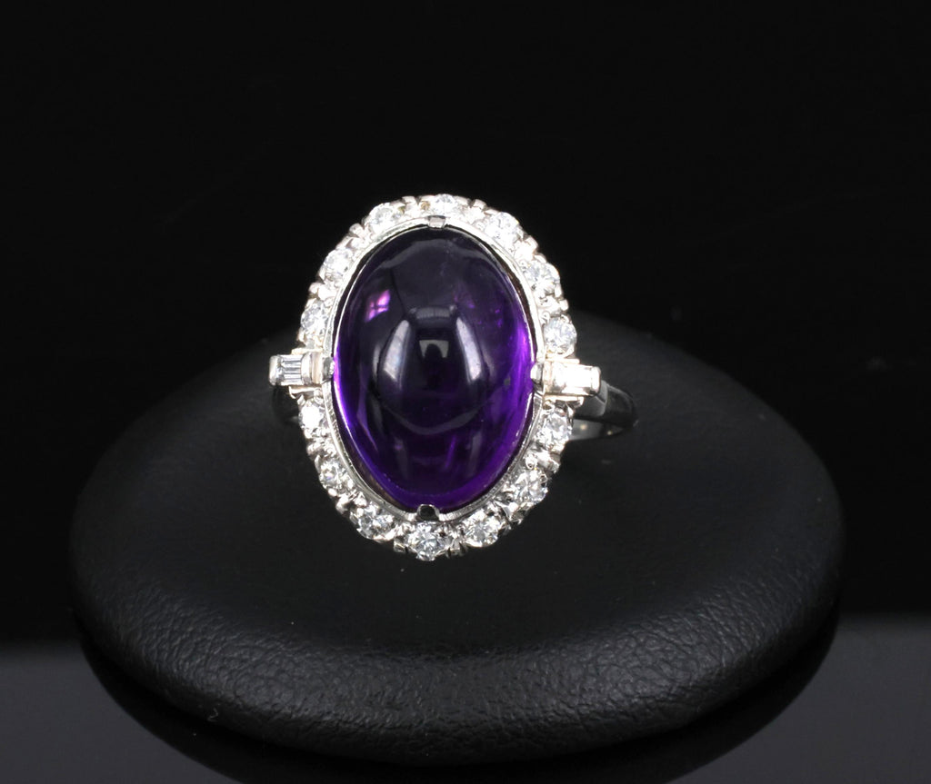Vintage 7.70ct Natural Purple Amethyst 0.48ct Diamond Halo Platinum Ring, Size 6