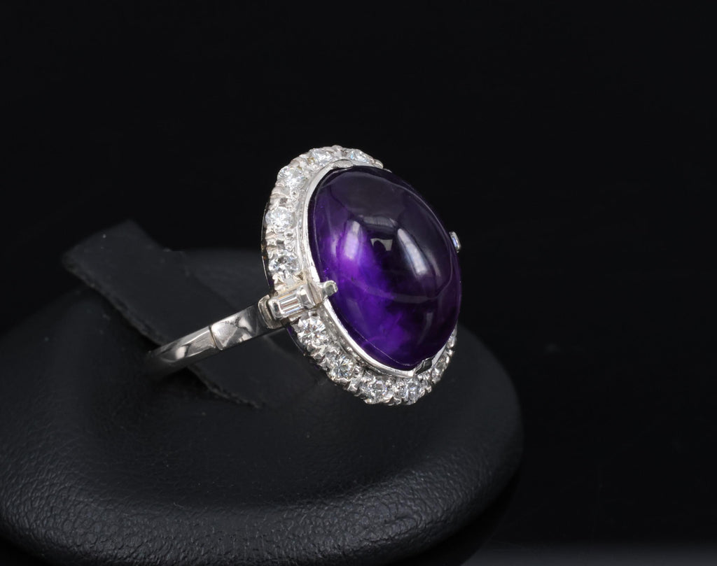 Vintage 7.70ct Natural Purple Amethyst 0.48ct Diamond Halo Platinum Ring, Size 6