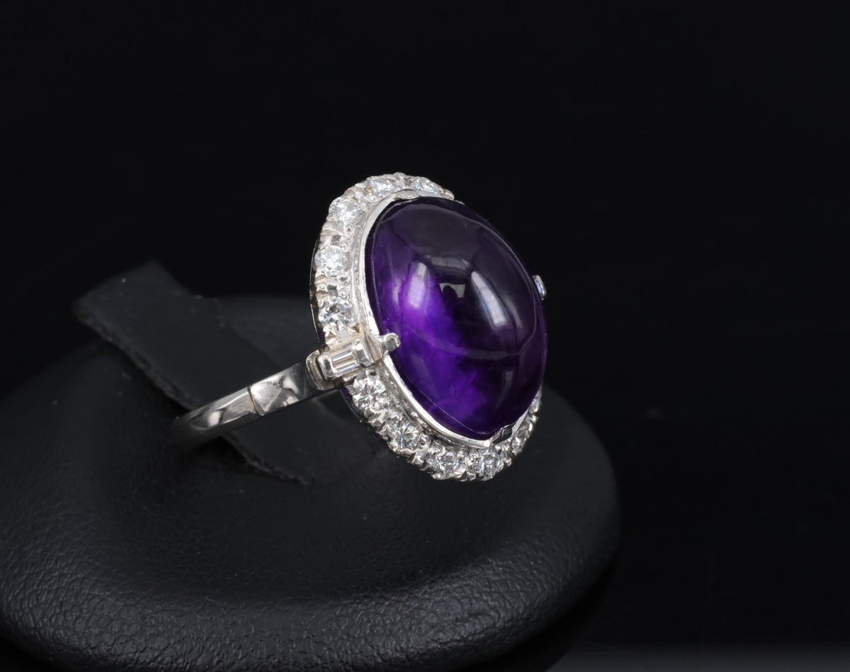 Vintage 7.70ct Natural Purple Amethyst 0.48ct Diamond Halo Platinum Ring, Size 6
