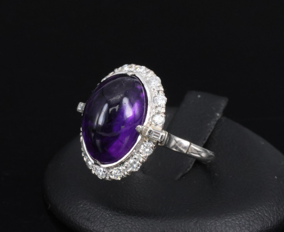 Vintage 7.70ct Natural Purple Amethyst 0.48ct Diamond Halo Platinum Ring, Size 6