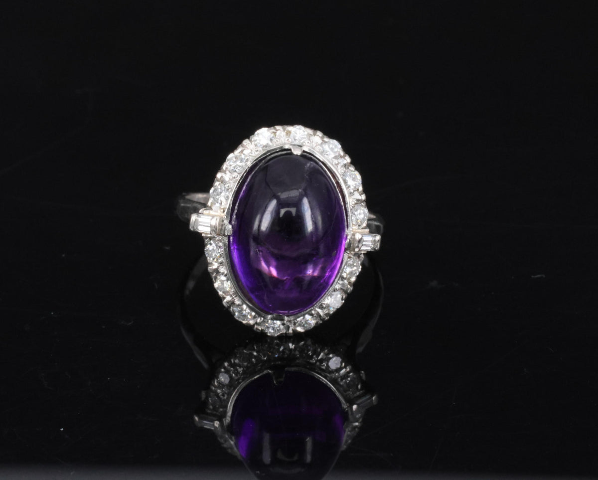 Vintage 7.70ct Natural Purple Amethyst 0.48ct Diamond Halo Platinum Ring, Size 6