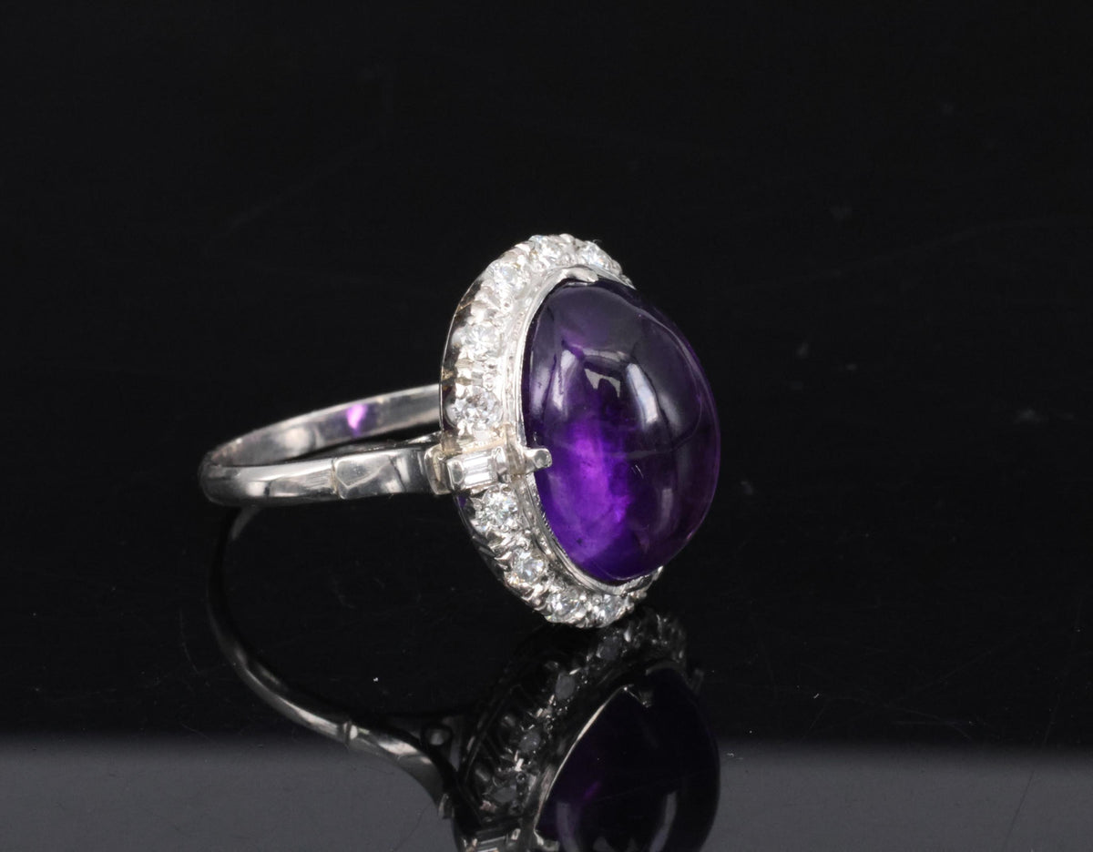 Vintage 7.70ct Natural Purple Amethyst 0.48ct Diamond Halo Platinum Ring, Size 6