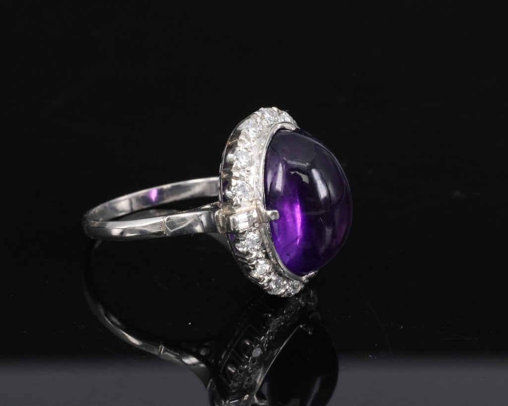 Vintage 7.70ct Natural Purple Amethyst 0.48ct Diamond Halo Platinum Ring, Size 6