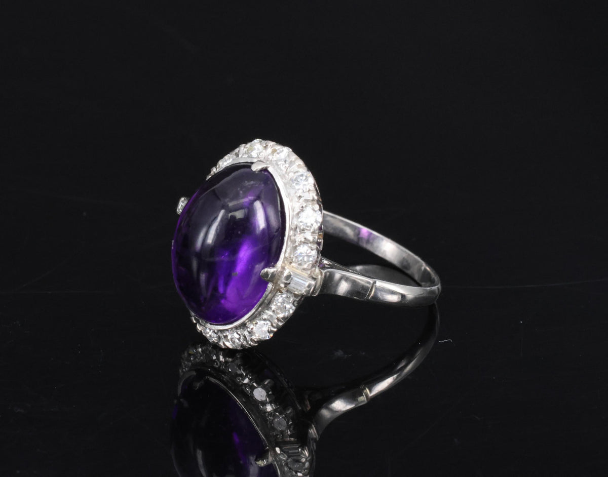 Vintage 7.70ct Natural Purple Amethyst 0.48ct Diamond Halo Platinum Ring, Size 6