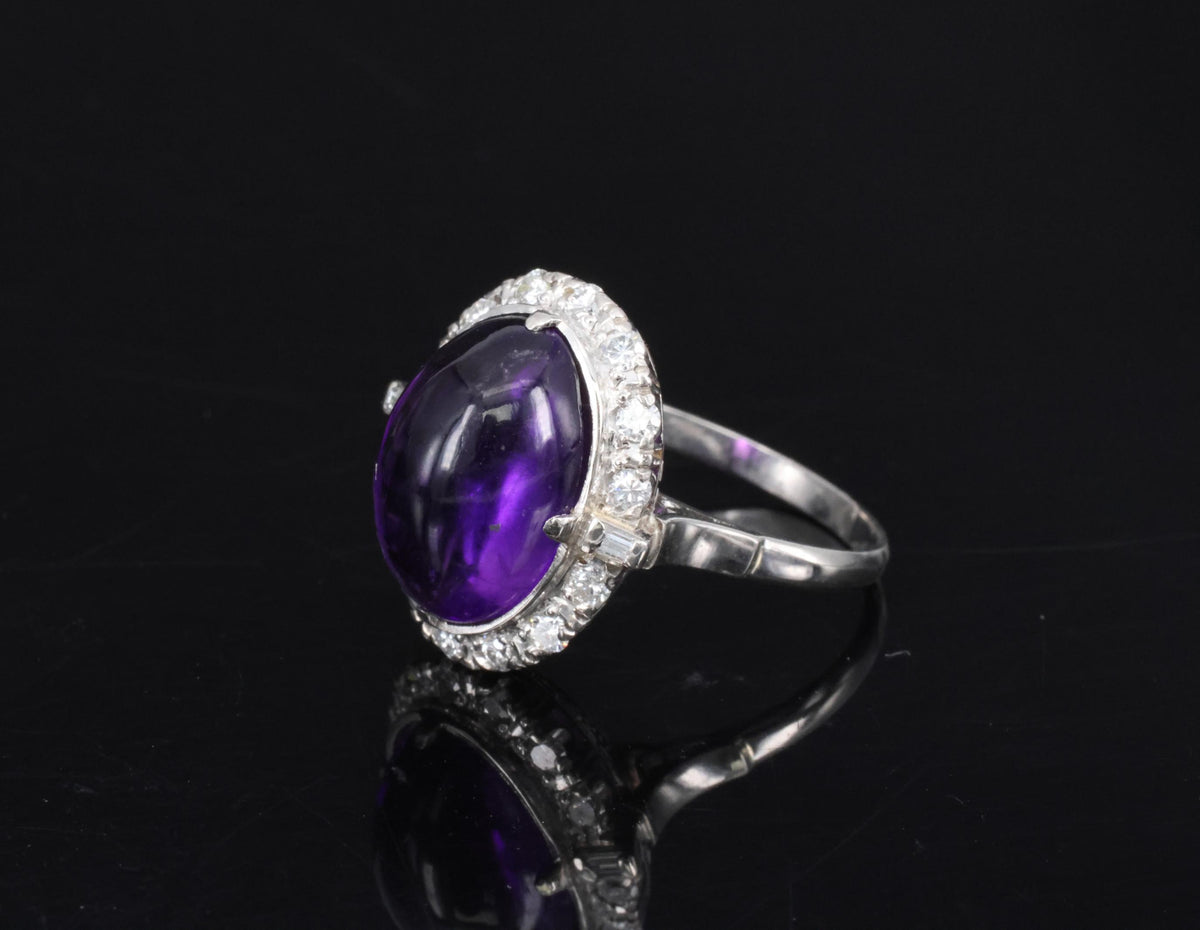 Vintage 7.70ct Natural Purple Amethyst 0.48ct Diamond Halo Platinum Ring, Size 6