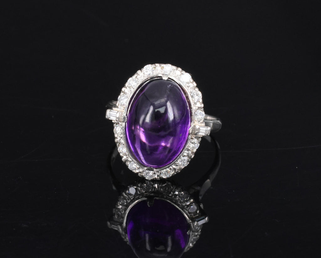 Vintage 7.70ct Natural Purple Amethyst 0.48ct Diamond Halo Platinum Ring, Size 6