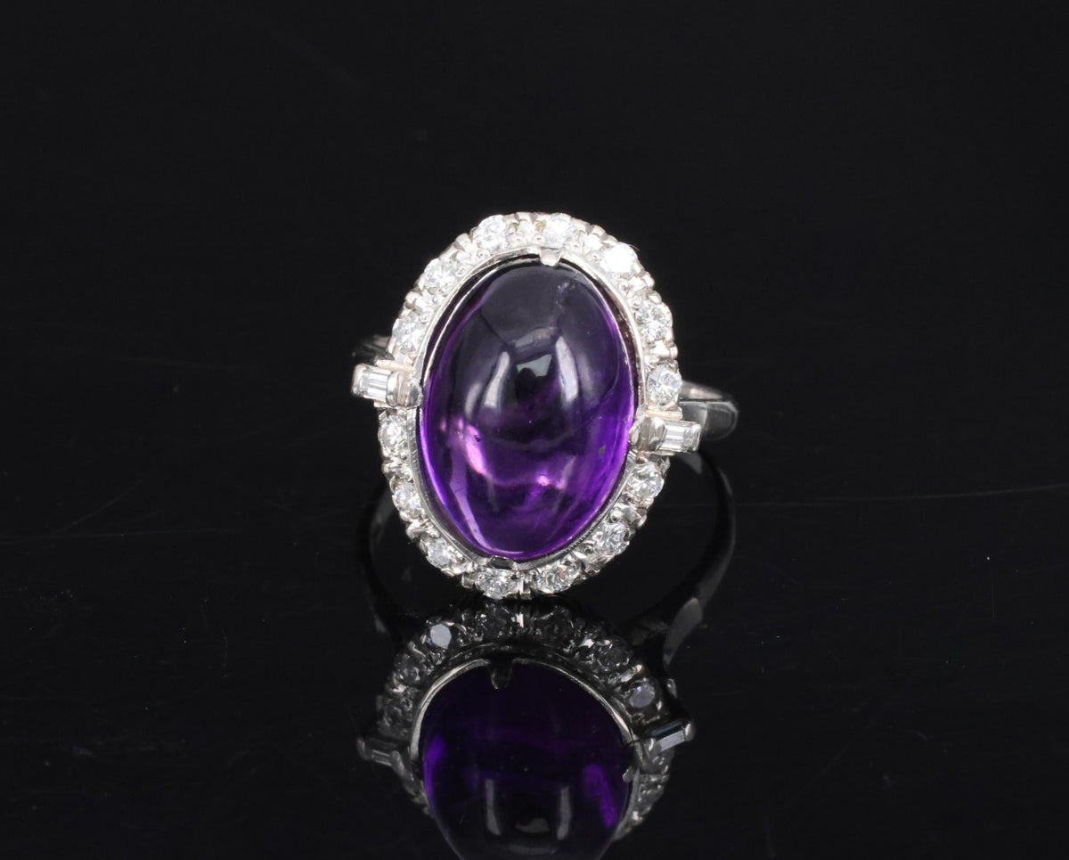 Vintage 7.70ct Natural Purple Amethyst 0.48ct Diamond Halo Platinum Ring, Size 6