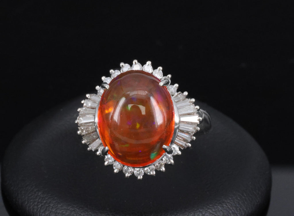 Fine 4.56ct Natural Mexican Fire Opal & 0.59ct Diamond Platinum Ring, Size 8