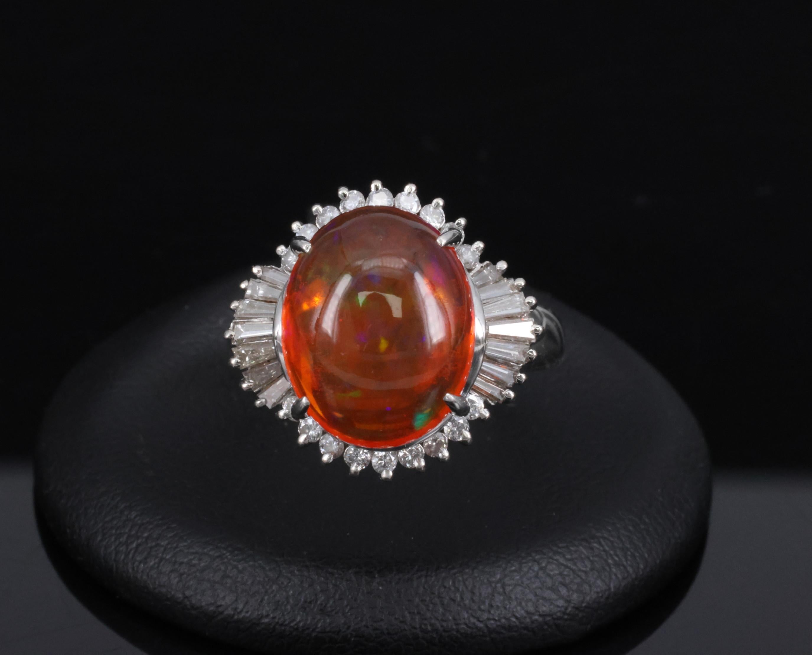 Fine 4.56ct Natural Mexican Fire Opal & 0.59ct Diamond Platinum Ring, Size 8