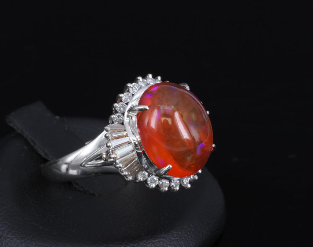 Fine 4.56ct Natural Mexican Fire Opal & 0.59ct Diamond Platinum Ring, Size 8