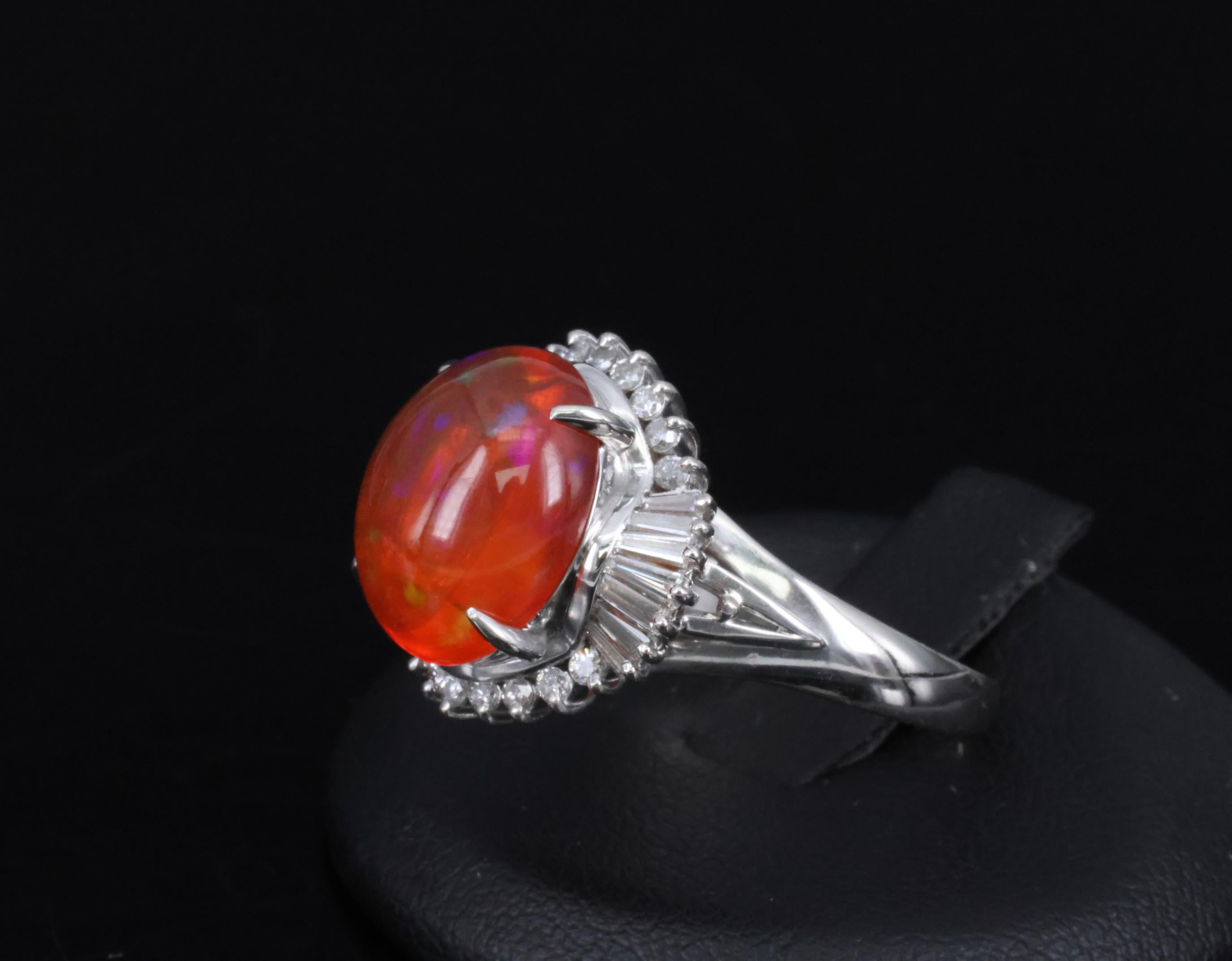 Fine 4.56ct Natural Mexican Fire Opal & 0.59ct Diamond Platinum Ring, Size 8