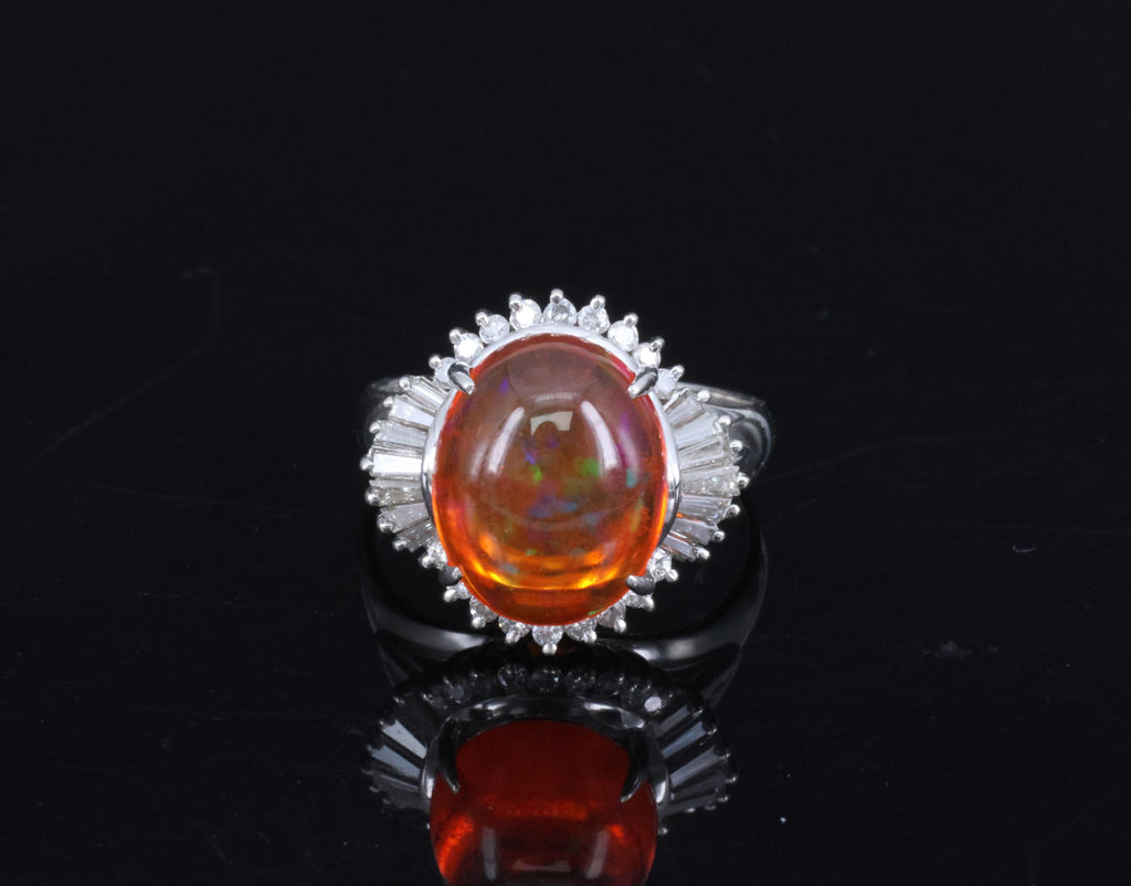 Fine 4.56ct Natural Mexican Fire Opal & 0.59ct Diamond Platinum Ring, Size 8