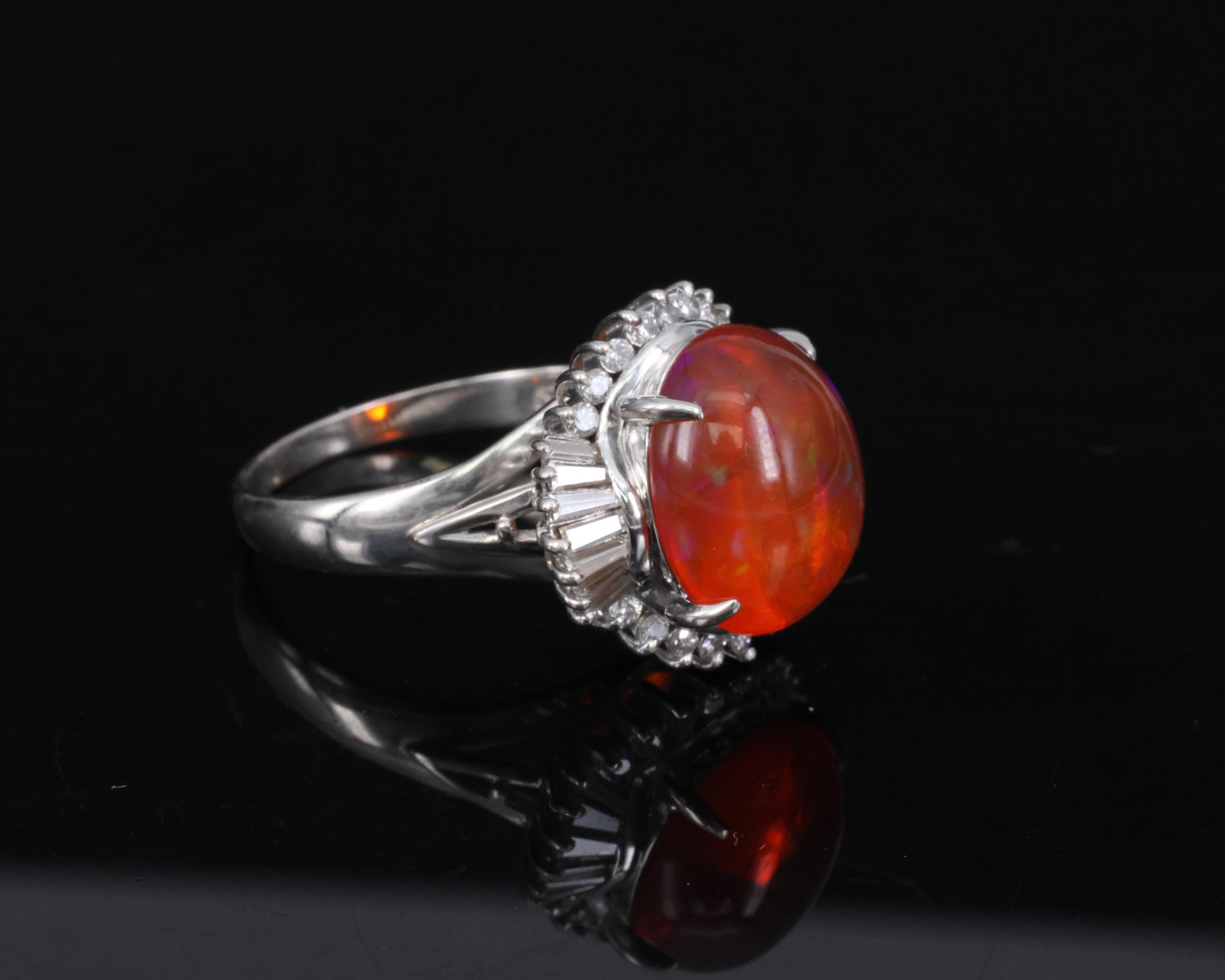 Fine 4.56ct Natural Mexican Fire Opal & 0.59ct Diamond Platinum Ring, Size 8