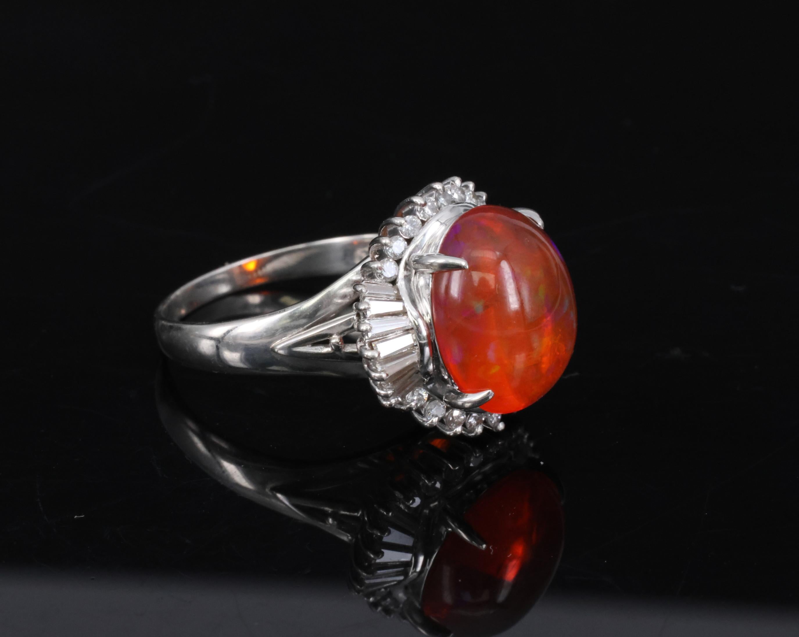 Fine 4.56ct Natural Mexican Fire Opal & 0.59ct Diamond Platinum Ring, Size 8