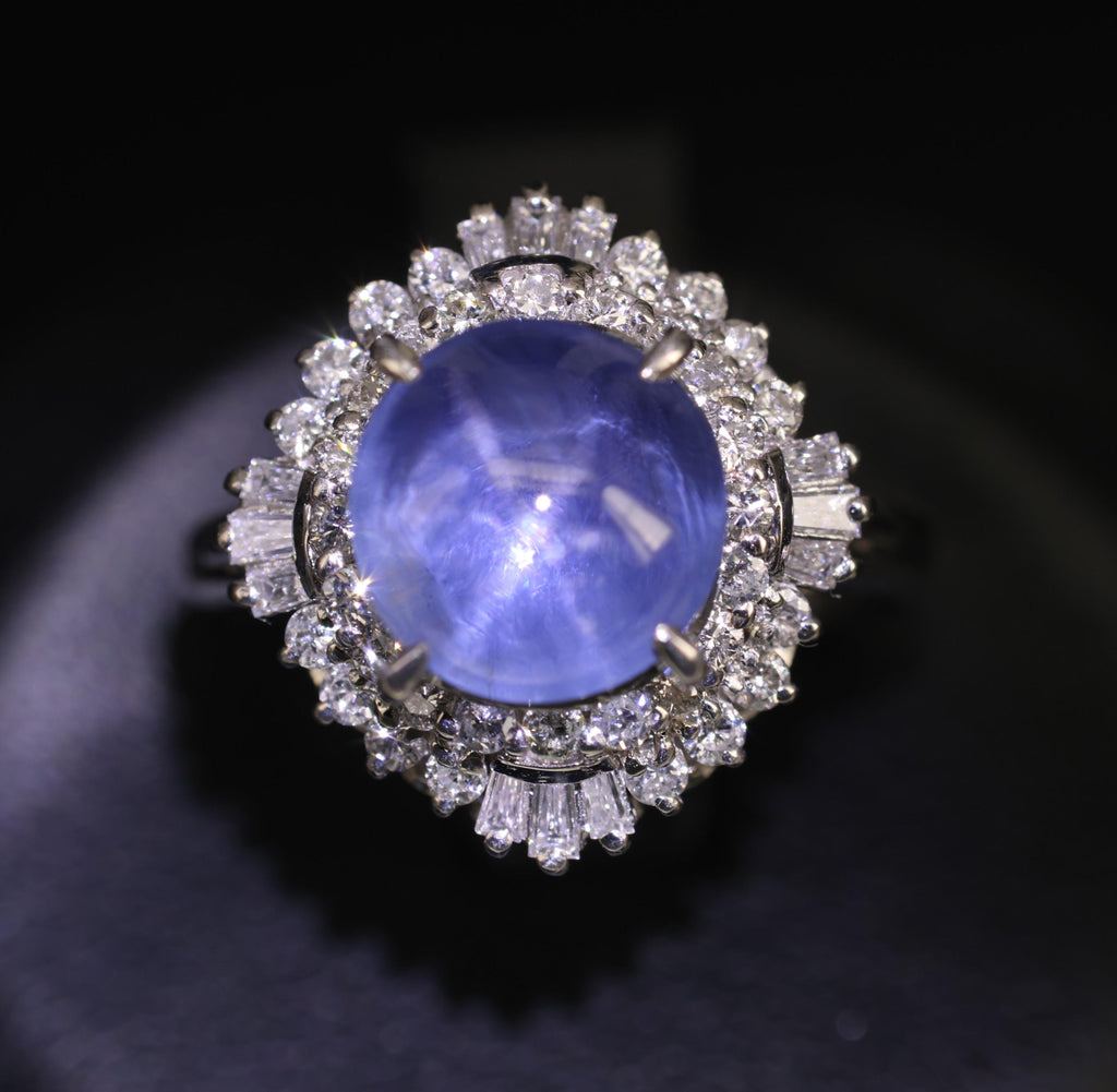 5.40ct GIA Unheated Color Chage Star Sapphire 0.64ct Diamond Platinum Ring S-5.5