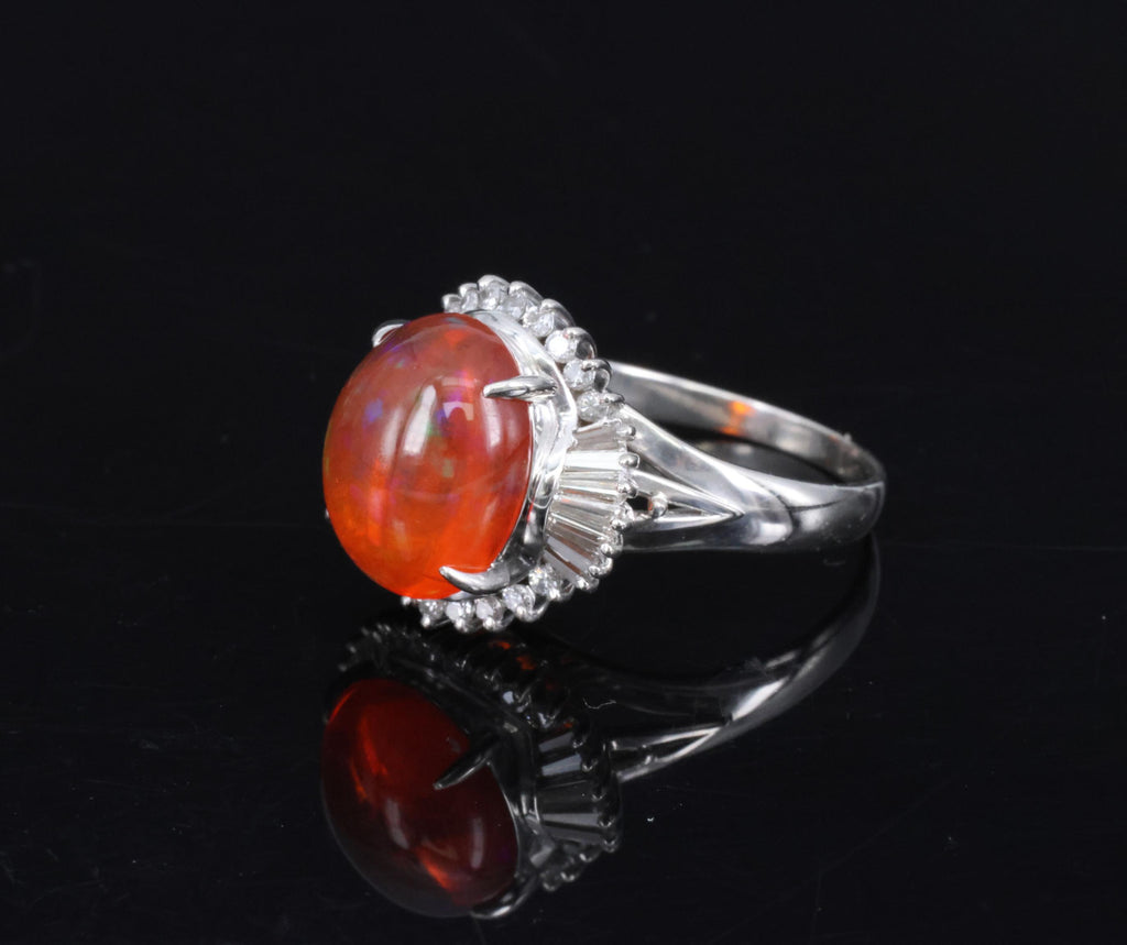 Fine 4.56ct Natural Mexican Fire Opal & 0.59ct Diamond Platinum Ring, Size 8