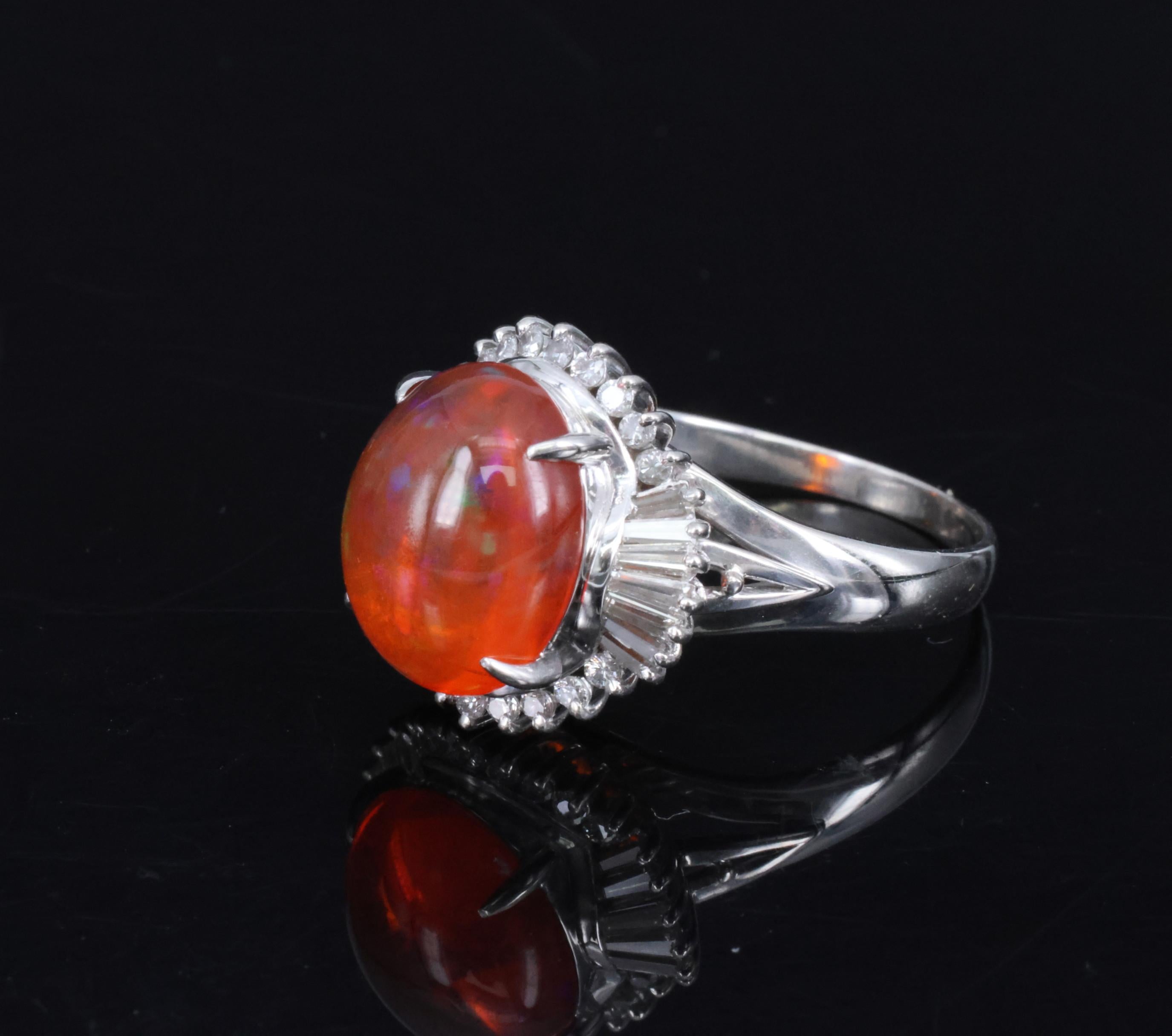 Fine 4.56ct Natural Mexican Fire Opal & 0.59ct Diamond Platinum Ring, Size 8