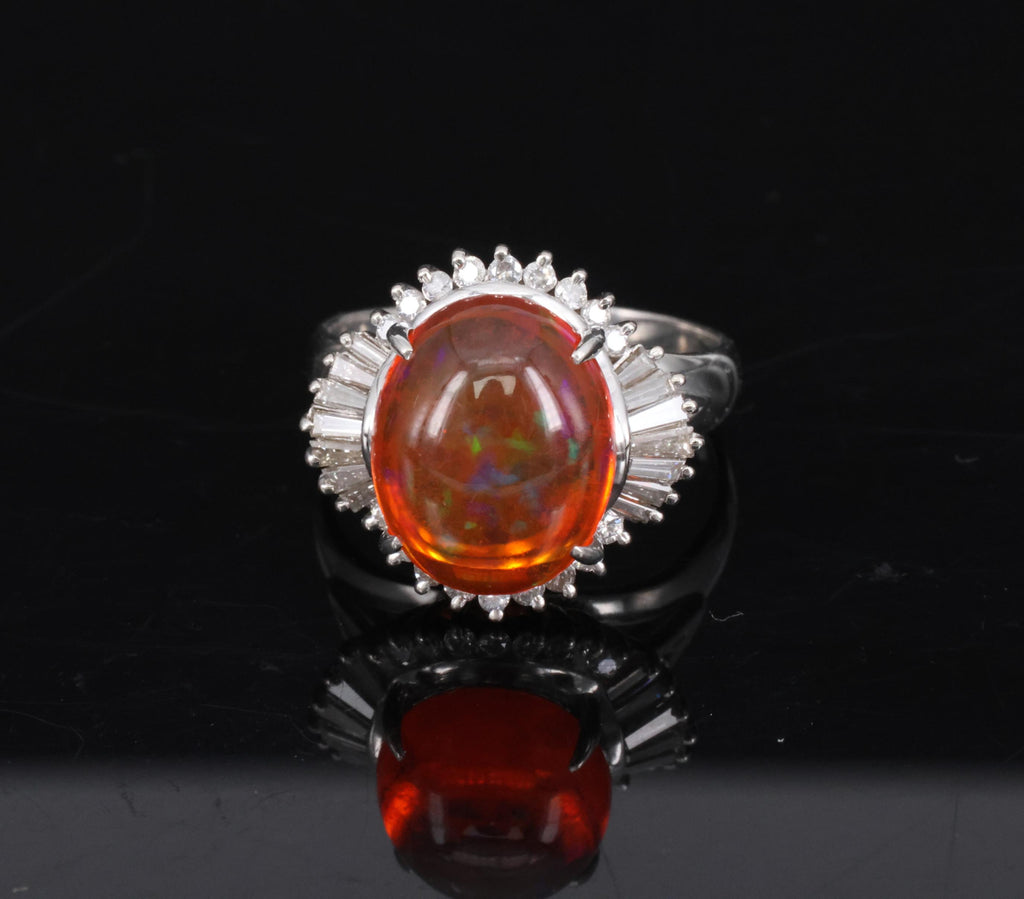 Fine 4.56ct Natural Mexican Fire Opal & 0.59ct Diamond Platinum Ring, Size 8