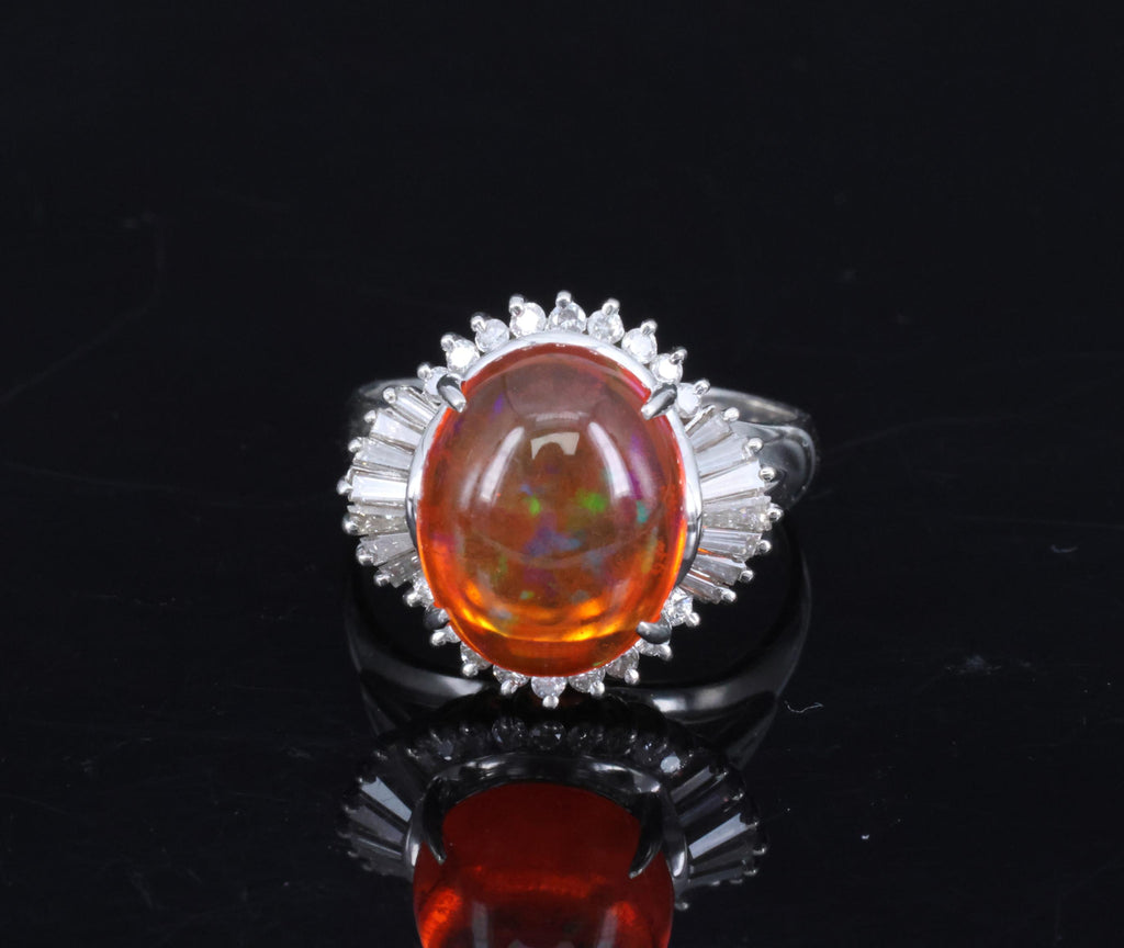 Fine 4.56ct Natural Mexican Fire Opal & 0.59ct Diamond Platinum Ring, Size 8