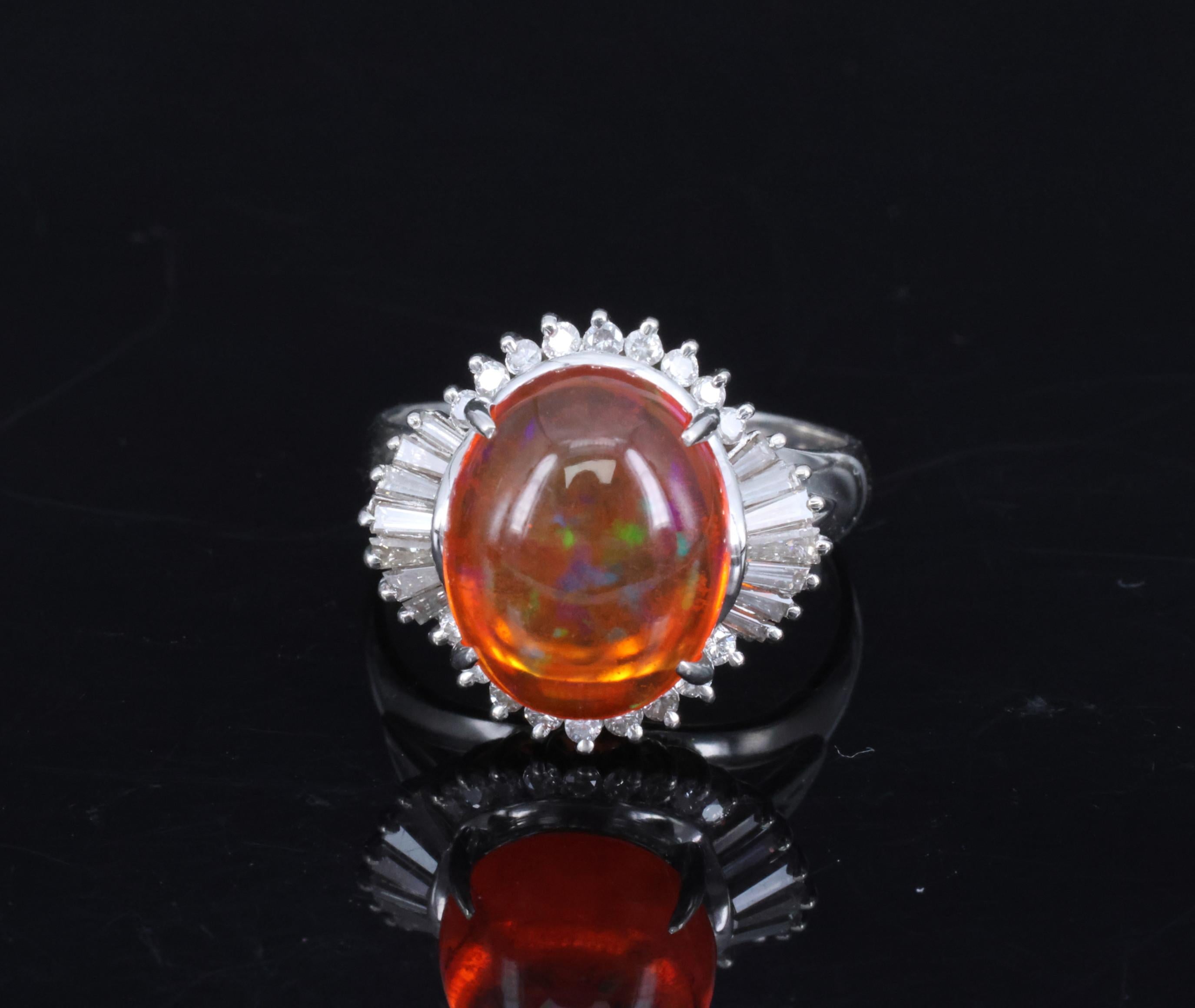 Fine 4.56ct Natural Mexican Fire Opal & 0.59ct Diamond Platinum Ring, Size 8