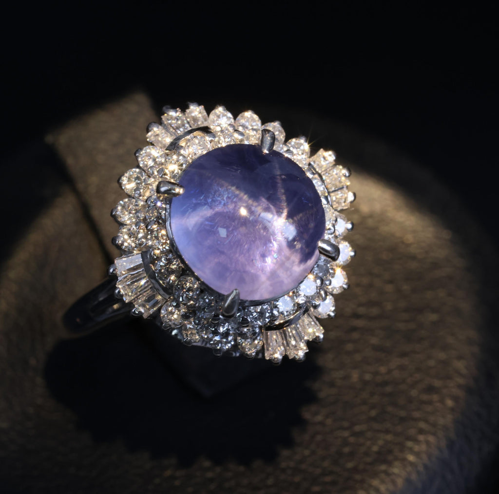 5.40ct GIA Unheated Color Chage Star Sapphire 0.64ct Diamond Platinum Ring S-5.5