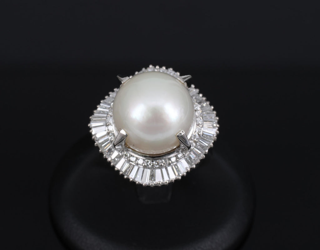 Fine 14.7mm South Seas Pearl & 1.85ct Diamond Platinum Halo Ring, 21.6g Size 8